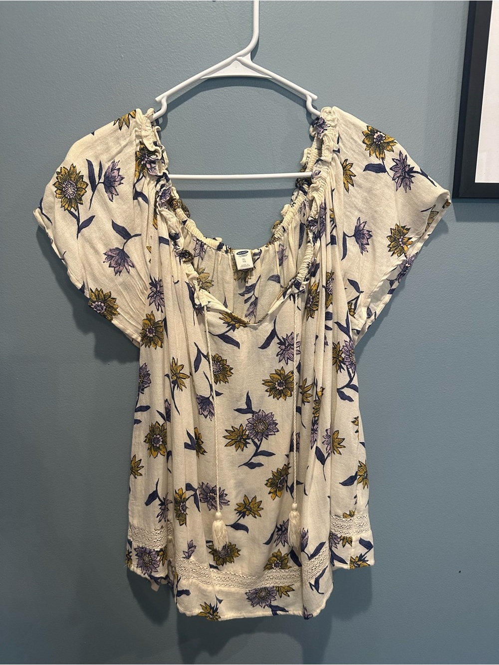 Old Navy Cream Peasant Top with Purple & Mustard Floral Print
